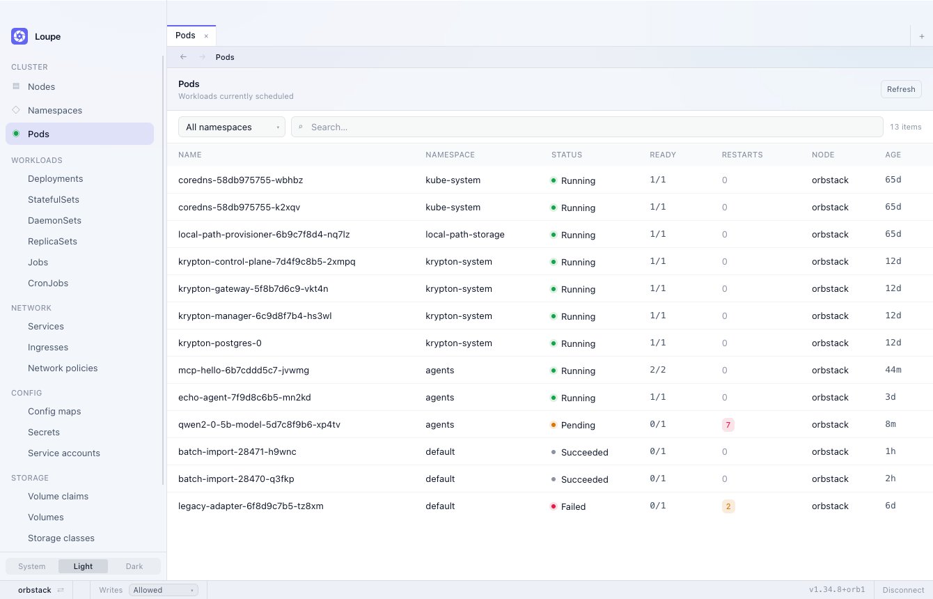 The pod listing, with status, ready counts, restarts and age
